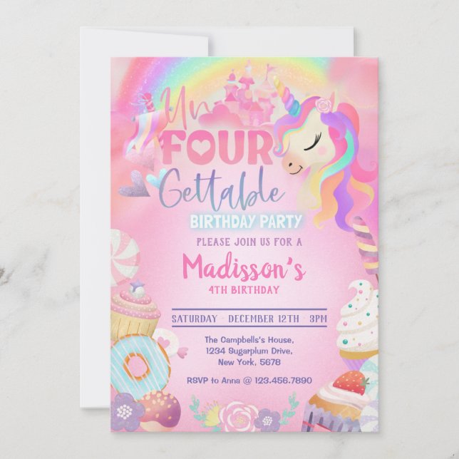 Invitation Magique Unicorn Donut Sweet 4e anniversaire (Devant)