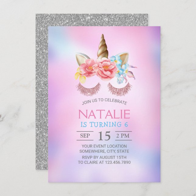 Invitation Magique Unicorn Dreamy Pink Blue Ombre Anniversair (Devant / Derrière)