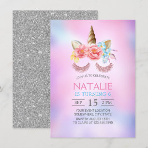 Invitation Magique Unicorn Dreamy Pink Blue Ombre Anniversair
