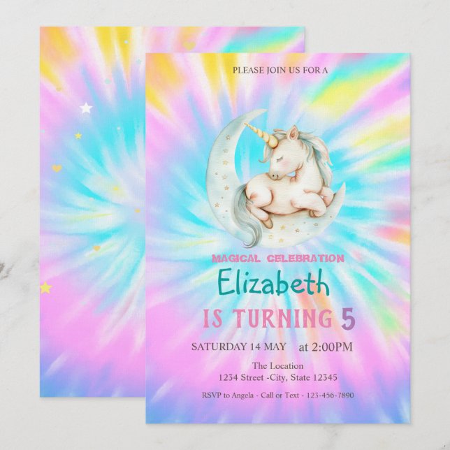 Invitation Magique Unicorn Lune Rainbow Tie Dye Anniversaire (Devant / Derrière)