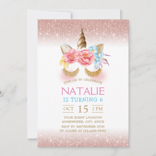 Invitation Magique Unicorn moderne Rose Parties scintillant o (Devant)