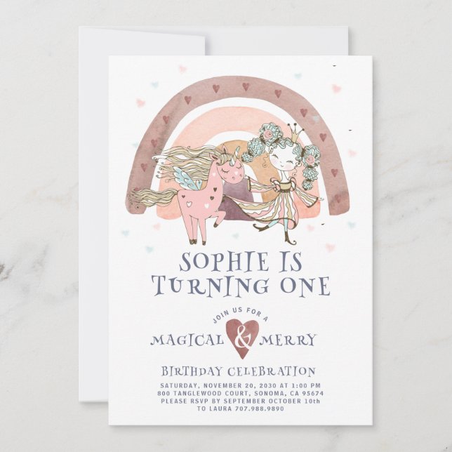 Invitation Magique Unicorn Rainbow Girl Premier anniversaire  (Devant)