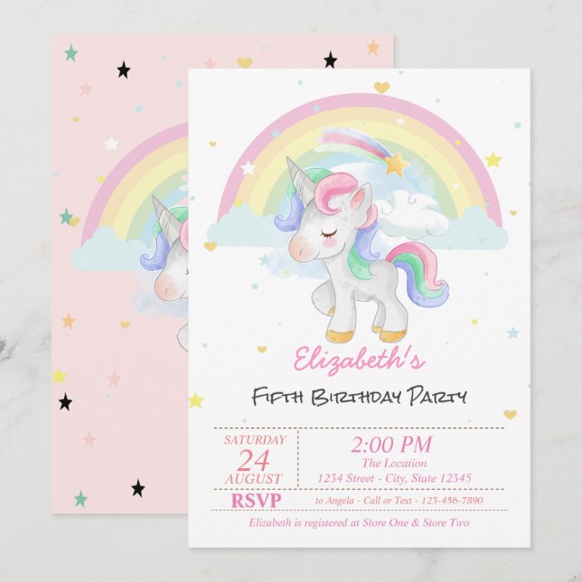 Invitation Magique Unicorn Rainbow Stars Anniversaire (Devant / Derrière)