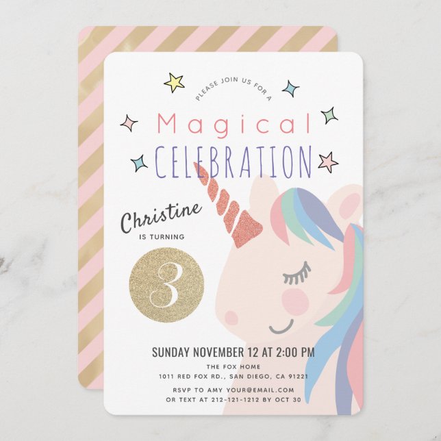 Invitation Magique Unicorn rose x Gold Girl Anniversaire (Devant / Derrière)