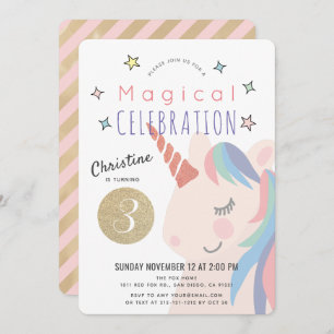 Invitation Magique Unicorn rose x Gold Girl Anniversaire