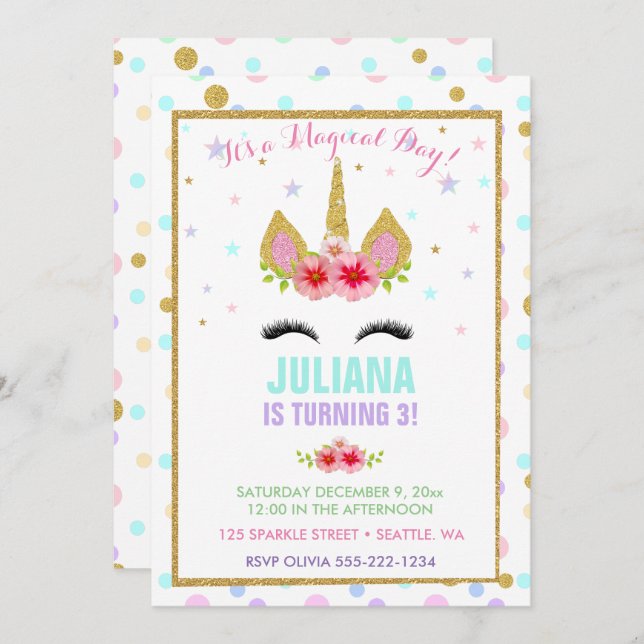 Invitation Magique Unicorne arc-en-ciel Anniversaire rose or  (Devant / Derrière)