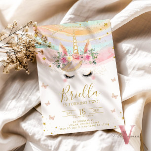 Invitation Magique Unicorne coloré Pastel Gold Anniversaire