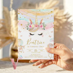 Invitation Magique Unicorne coloré Pastel Gold Gliiter Annive