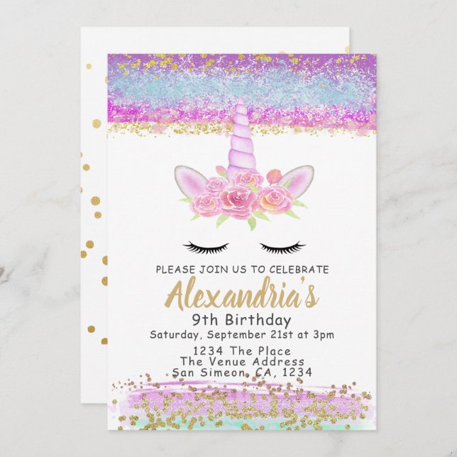 Invitation Magique Unicorne Personnalisée Anniversaire (Devant / Derrière)