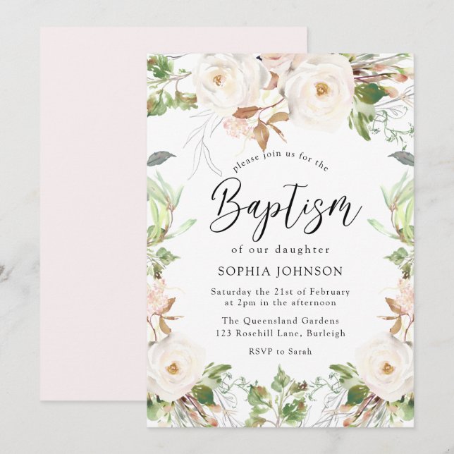 Invitation Magique White Winter Wonderland Blush Baptism (Devant / Derrière)