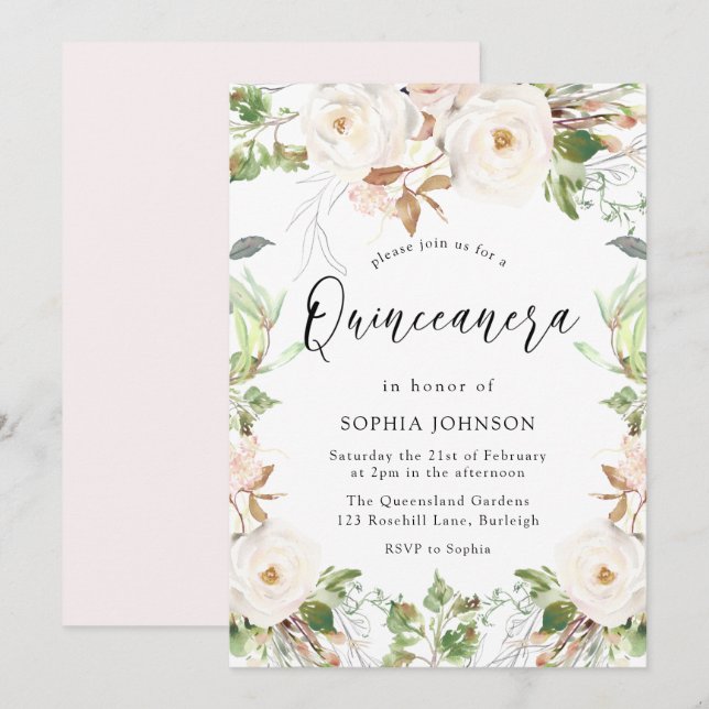 Invitation Magique White Winter Wonderland Blush Quinceanera (Devant / Derrière)