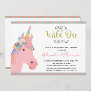 Invitation Magique Wild One Unicorn Baby shower d'or rose