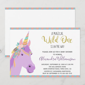 Invitation Magique Wild One Unicorn violet Baby shower or