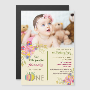 Invitation Magnétique 1er anniversaire fille Citrouille rose photo flora