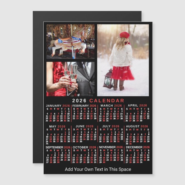 Invitation Magnétique 2026 Year Calendar Black Red Personalized Photo (Devant / Derrière)