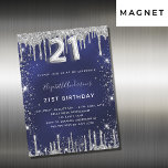 Invitation Magnétique 21e anniversaire marine bleu argent parties scinti<br><div class="desc">Un aimant d'invitation moderne, élégant et glamour pour une fête de 21e anniversaire. Un arrière - plan bleu marine, décoré de parties scintillant faux argentées, brille. La couleur bleue est inégale. Personnalisez et ajoutez votre nom et les détails de votre fête. Le numéro 21 est écrit avec une police de...</div>