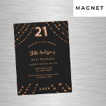 Invitation Magnétique 21e anniversaire noir rose or étoiles luxe<br><div class="desc">Pour une soirée élégante de 21ème anniversaire. Un arrière - plan noir. Décoré d'étoiles dorées roses. Personnalisez et ajoutez un nom,  les détails de la fête,  l'année de naissance. Le nom est écrit avec un script de style manuscrit</div>