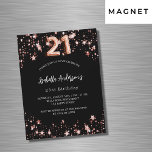 Invitation Magnétique 21e anniversaire noir rose or étoiles luxe<br><div class="desc">Un arrière - plan noir classique,  décoré d'étoiles dorées roses. Personnalisez et ajoutez un nom et des détails du parti. Le numéro 21 est écrit avec un script de style ballon.</div>