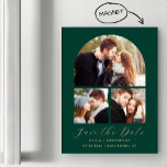 Invitation Magnétique 3-Photo Arch Emerald Green Gold Enregistrer la dat<br><div class="desc">Cette carte magnétique simple et minimaliste Save the Date présente un collier de 3 photos au-dessus des mots "Save the Date" dans un élégant script d'écriture dorée,  suivi des noms du couple,  date mariage et ville en sans serif police sur un arrière - plan vert émeraude.</div>