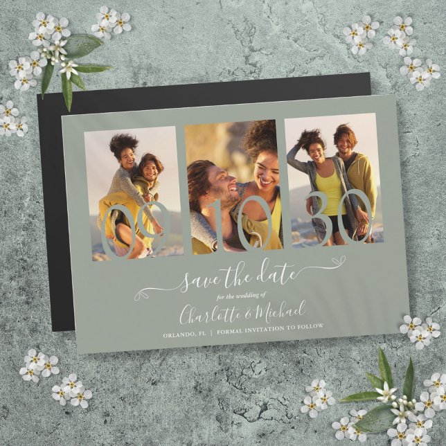 Invitation Magnétique 3 Photo Collage Sage Green Wedding Enregistrer La  (3 Photo Collage Sage Green Wedding Save The Date Magnetic Invitation)