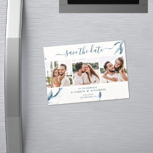 Invitation Magnétique 3 photo élégant bleu aquarelle simple mariage