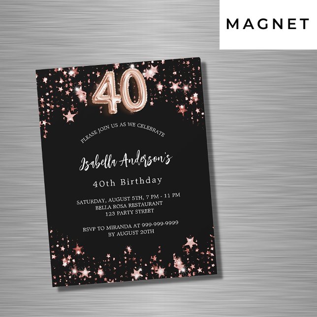 Invitation Magnétique 40e anniversaire noir rose or étoiles luxe (Créateur téléchargé)