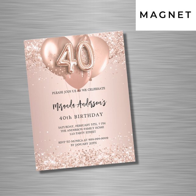 Invitation Magnétique 40e anniversaire rose ballons d'or luxe (Créateur téléchargé)