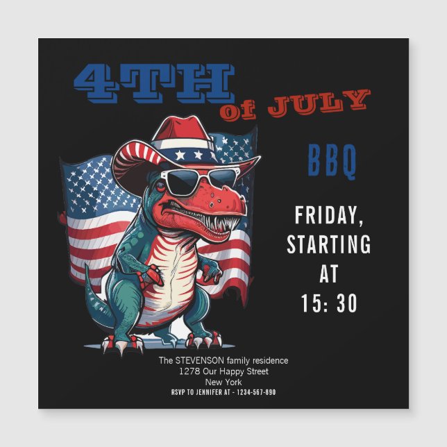 Invitation Magnétique 4 juillet Dinosaur heureux avec le drapeau américa (Devant)