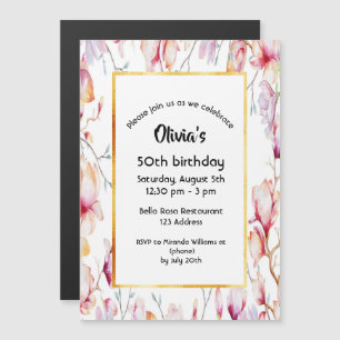 Invitation Magnétique 50e anniversaire magnolia rose florales or blanc