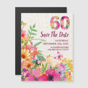 Invitation Magnétique 60 ans lin floral 60e anniversaire Enregistrer la