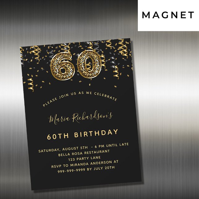 Invitation Magnétique 60e anniversaire noir léopard motif luxe (Créateur téléchargé)