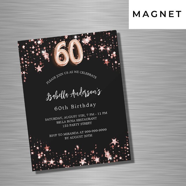 Invitation Magnétique 60e anniversaire noir rose or étoiles luxe (Créateur téléchargé)
