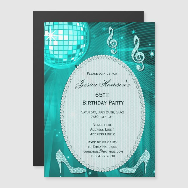 Invitation Magnétique 65e anniversaire Sparkle Heels et Turquoise Disco  (Devant / Derrière)