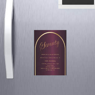 Invitation Magnétique 70e anniversaire en Bourgogne or script arch luxe