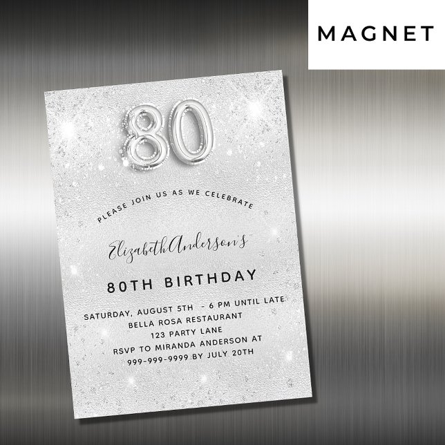 Invitation Magnétique 80e anniversaire argent parties scintillant glamou (Créateur téléchargé)