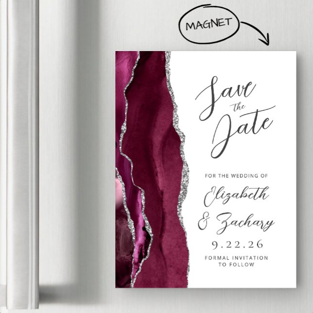 Invitation Magnétique Agate Burgundy Argent Script Enregistrer la date (Créateur téléchargé)