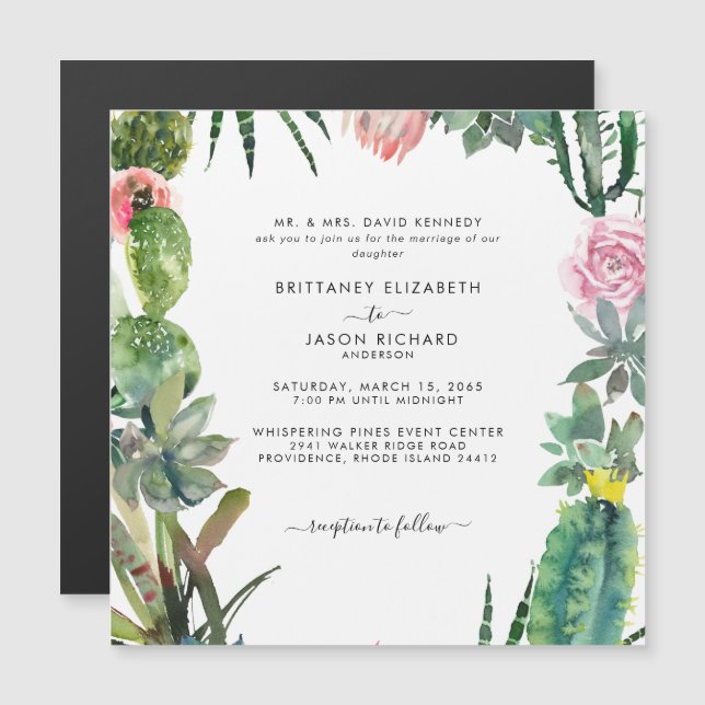 Invitation Magnétique Aimant de Carré tropical de Cactus (Devant / Derrière)
