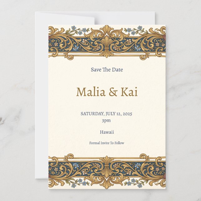 Invitation Magnétique Aimant de sauvegarde baroque or bleu (Recto)