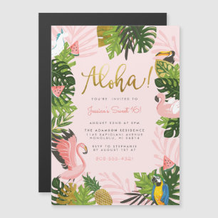 Invitation Magnétique Aloha !   Hawaiian Tropical Summer Flamant rose Pa