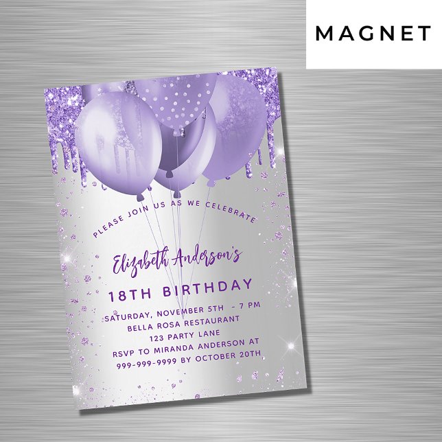 Invitation Magnétique Anniversaire argent violet parties scintillant bal (Créateur téléchargé)