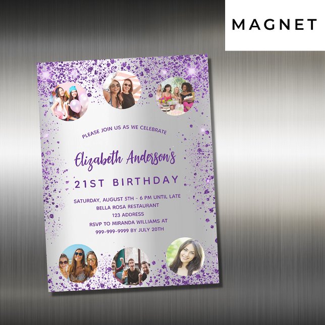 Invitation Magnétique Anniversaire argent violet photo amis luxe (Créateur téléchargé)
