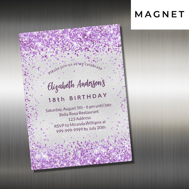 Invitation Magnétique Anniversaire argent violet violet parties scintill (Créateur téléchargé)