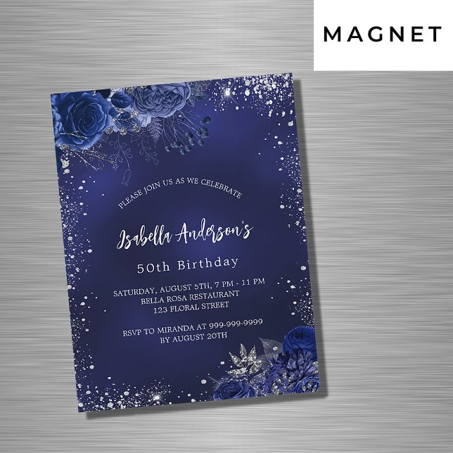 Invitation Magnétique Anniversaire bleu marine fleurs argent brillant lu (Créateur téléchargé)