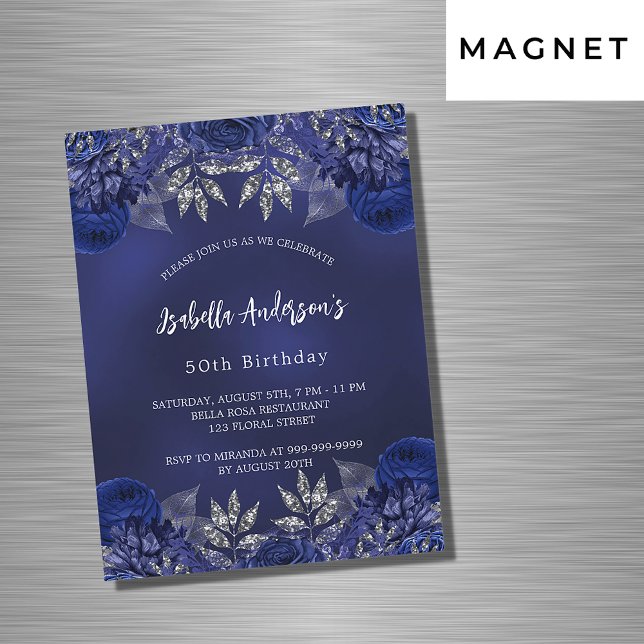 Invitation Magnétique Anniversaire bleu marine fleurs élégant luxe (Créateur téléchargé)
