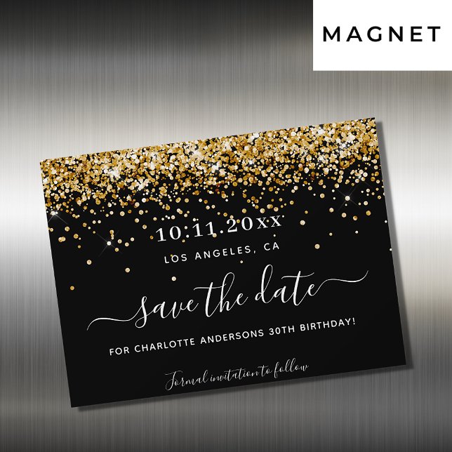 Invitation Magnétique Anniversaire de fête d'or noir enregistrer la date (Créateur téléchargé)