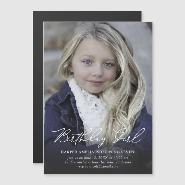 Invitation Magnétique Anniversaire Fille Calligraphie moderne Anniversai (Devant / Derrière)