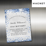 Invitation Magnétique Anniversaire marine bleu parties scintillant luxe<br><div class="desc">Pour un 21ème anniversaire élégant (ou tout âge). Un arrière - plan faux argenté. Décoré de parties scintillant en faux bleu marine,  brille. Personnalisez et ajoutez un nom,  un âge et des détails de la fête. Le nom est écrit avec un script de style manuscrit</div>
