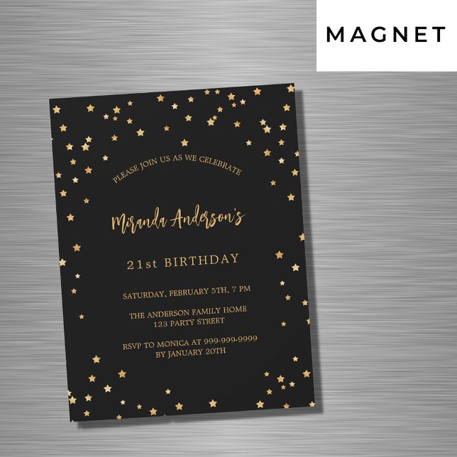 Invitation Magnétique Anniversaire noir étoiles de la fête de luxe (Créateur téléchargé)
