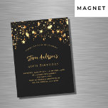 Invitation Magnétique Anniversaire noir étoiles d'or soirée élégante<br><div class="desc">Une élégante invitation à l'anniversaire pour les femmes et les hommes. Arrière - plan noir,  décoré d'étoiles dorées. Personnalisez et ajoutez votre nom et les détails de votre fête.</div>