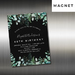 Invitation Magnétique Anniversaire noir eucalyptus verdure boisé luxe<br><div class="desc">Une invitation branchée pour une fête d'anniversaire de 40ème (ou tout autre âge),  enchantée thème de la forêt. Un arrière - plan noir aux fougères et à l'eucalyptus. Le nom est écrit avec un script de style moderne écrit à la main. Personnalisez et ajoutez les détails de votre fête.</div>